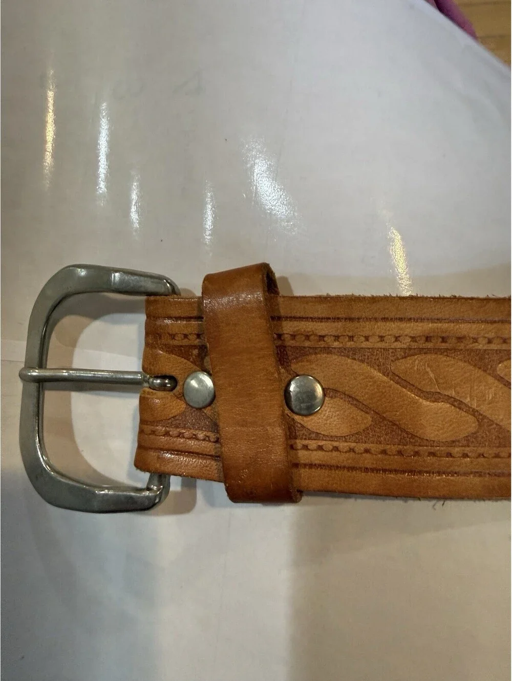 Vintage 1970s Tooled Leather Belt Tan Western Embossed Genuine Leather Size 40